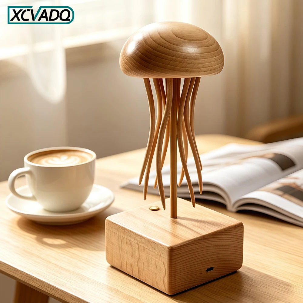 Handmade Wood Jellyfish Automaton Kinetic, Movable Flowing Tentacles Touch Control Desktop Ornament Creative Craft Decor Gift