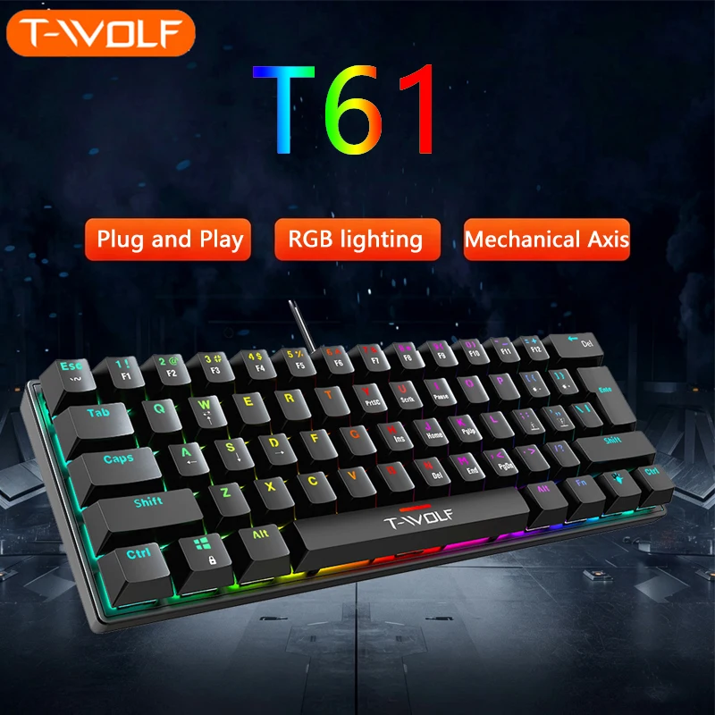 T-WOLF T61 Wired Gaming Keyboard Mini 63 Key RGB Light Effect USB Connection ABS Mechanical Keys Portable Office Design