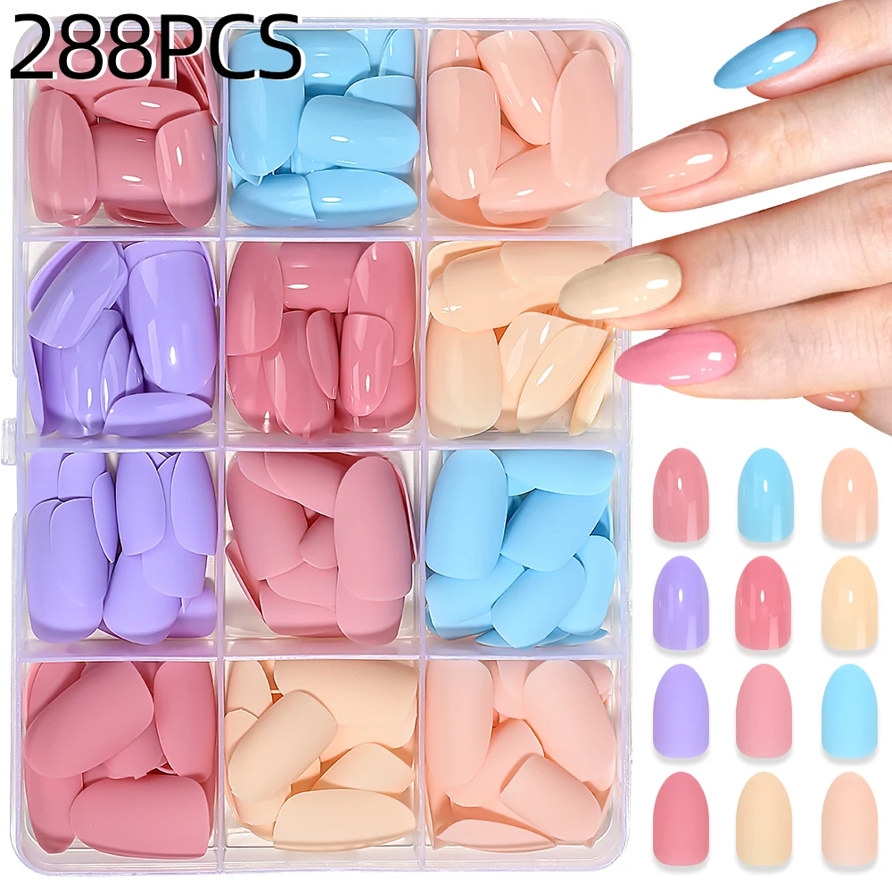 

288PCS Dopamine Aesthetic Press On Nails Matte/Glossy Short Oval Shape False Nails Full Cover Reusable Artificial Fake Nails^123