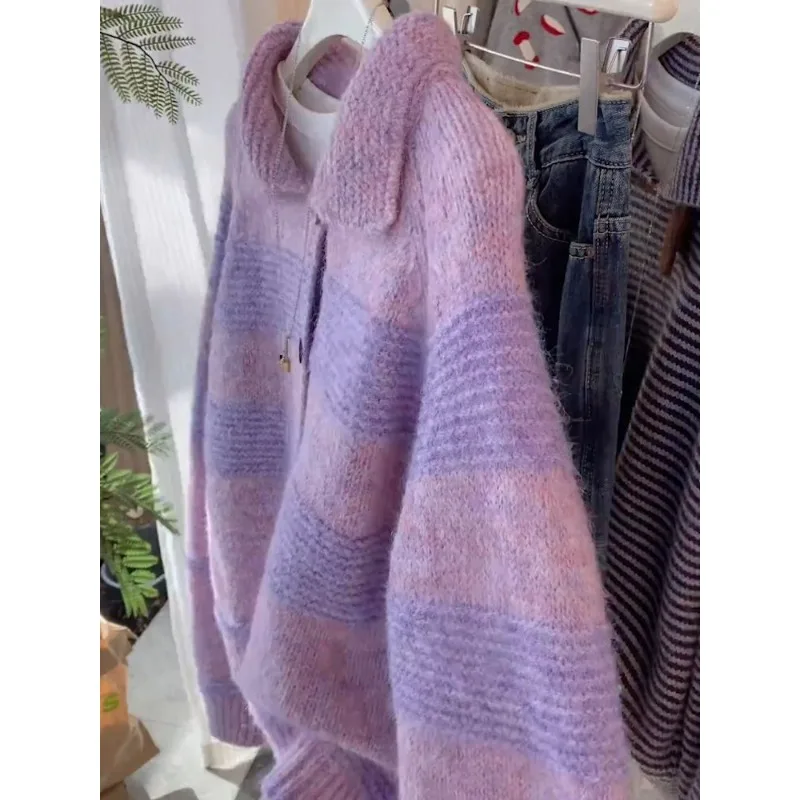 2025 Autumn New Contrasting Color Fashion Niche Korean Style Temperament Casual Versatile Lapel Striped Knitted Cardigan Sweater