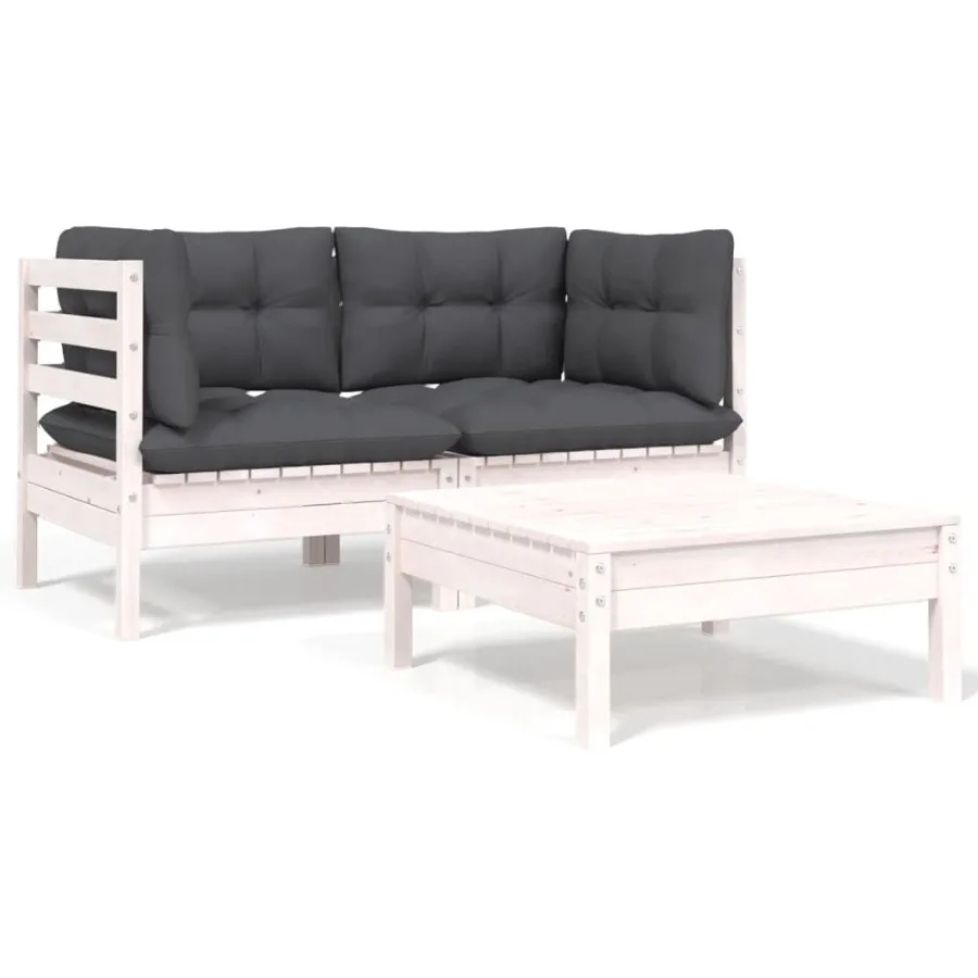 

3 Piece Patio Lounge Set with Cushions White Solid Pinewood
