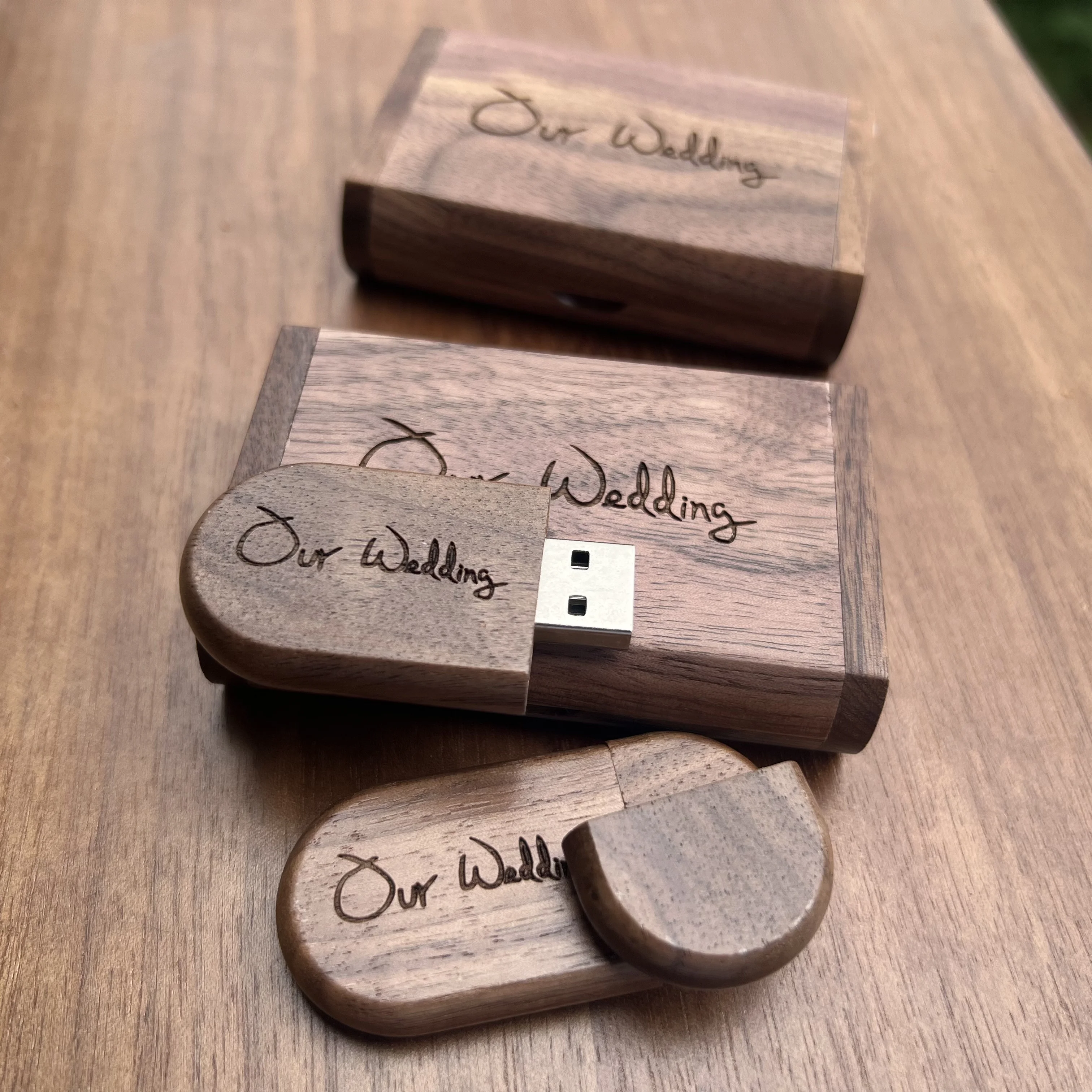(Our Wedding) 128GB High-Speed Walnut Wood USB Flash Drive with Wooden Box, Real Capacity U Disk, 32GB External Storage