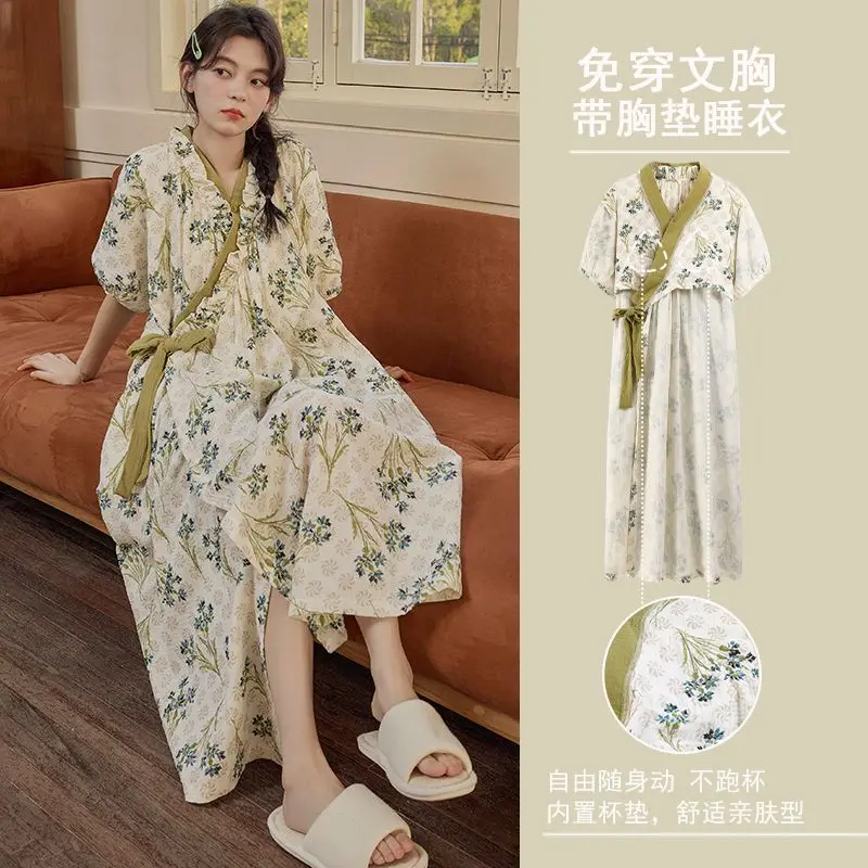 

Kimono Style Lace-up Nightgown for Women Summer Printed Cute Short-sleeved Nightgown New Bathrobe Mid-length Home Wear Pajamas
