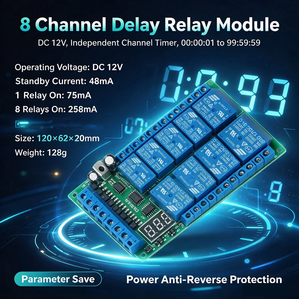8 Channel Independent Delay Relay Module Opto-isolated Input Power-down Save Cyclic Timing DC12V 6A AC 5A DC Relay Timer
