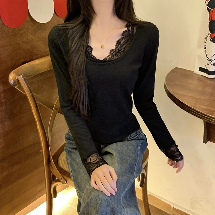 2026 Herbst Winter Damen T-Shirt Spitze Schlankes Basis-T-Shirt Elegantes Vielseitiges Strick-Layering-Oberteil mit Langen Ärmeln für Damen Neu eingetroffenes T-Shirt – Detail 12