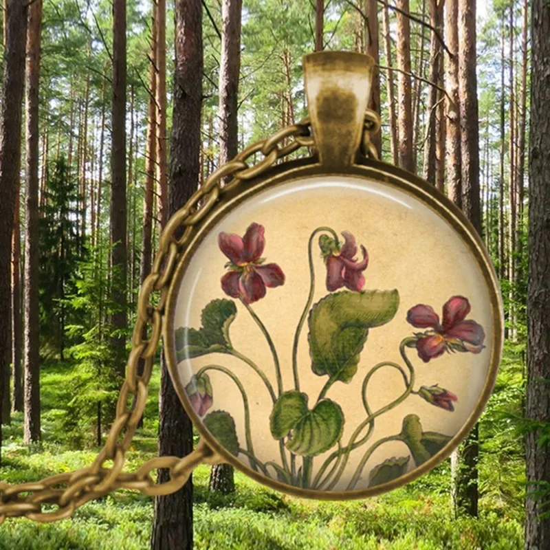Vintage Antik vergoldete bunte süße Erbsenblume Glas Anhänger Halskette für Frauen Schmuck – Detail 3