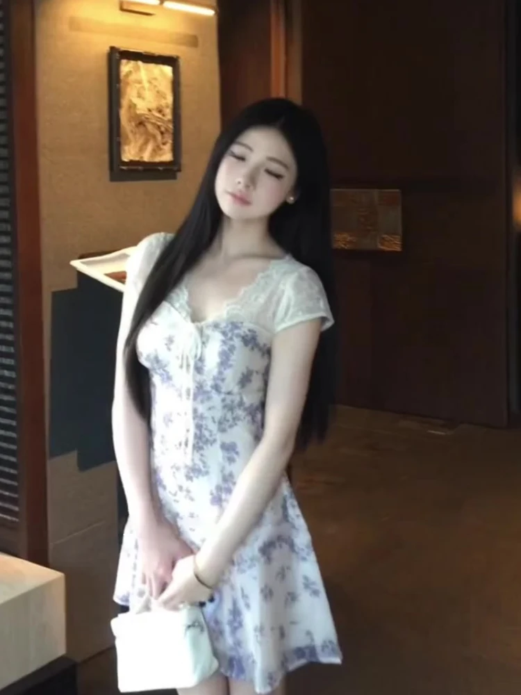 Vaion Sle 플로럴 프린트 V-넥 끈으로 묶는 허리 오트 드 여성 여름 2025 슬리밍 A라인 스커트 싱글 피스