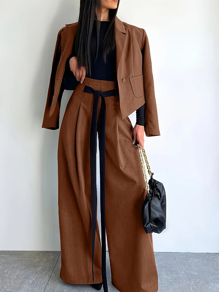 

Retro Chic One Button ort Coat Loose Fit High Waist Wide Leg Pants Suit Vintage Sle Cotton Blend Faion Set for Women