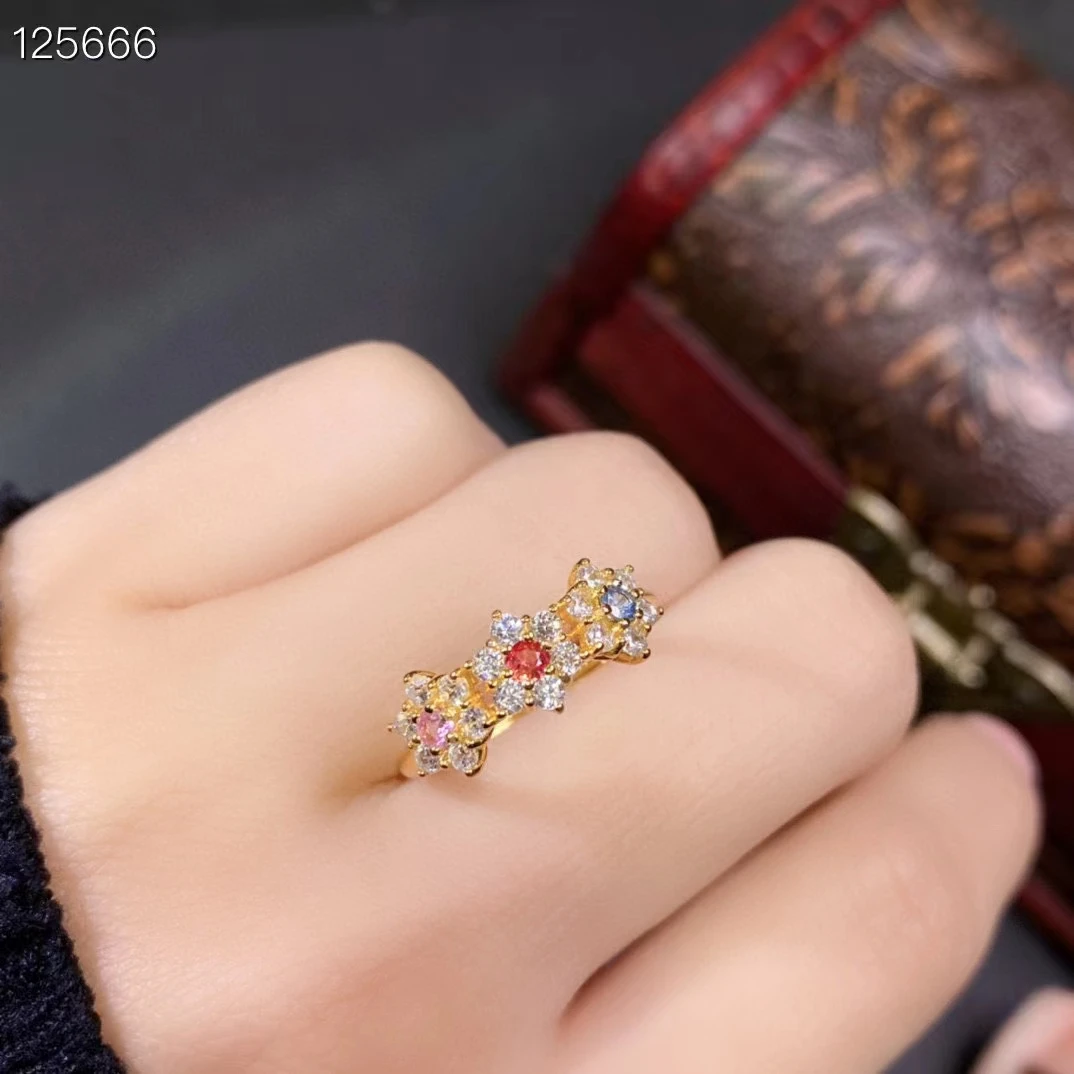 Cute 925 Silver Flower Ring for Girl 3mm Multicolor Natural Sapphire Ring Keep Shining 3 Layers 18K Gold Plated Sapphire Jewelry