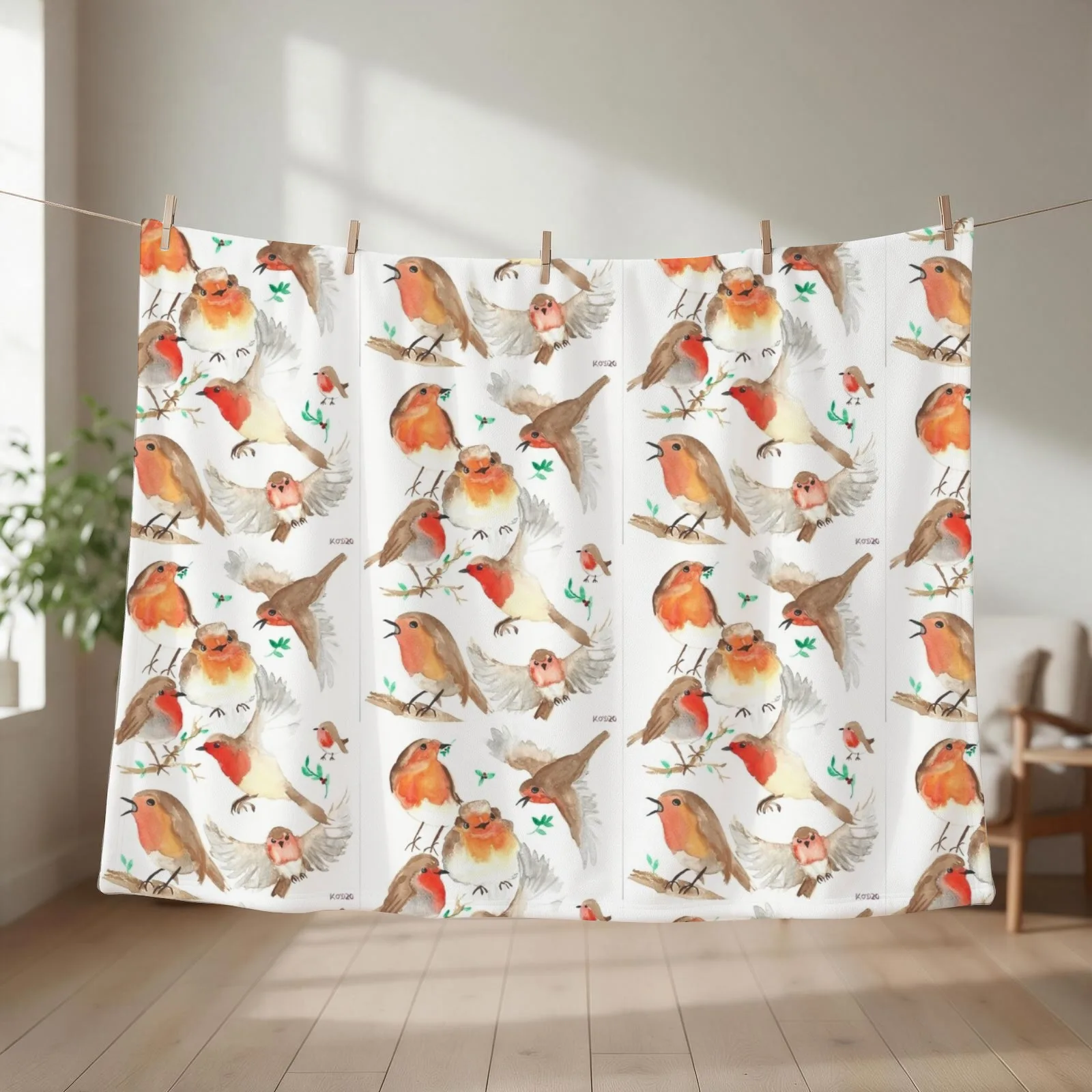 Watercolour Robins Throw Blanket couch cozy soft plush fuzzy picnic outdoor blanket