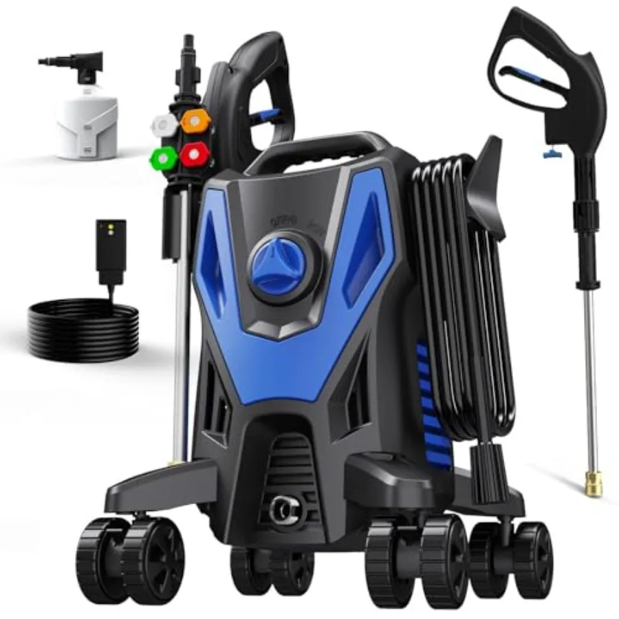 

5000PSI PowerWasher for car lane patio cleaning; aluminum body; black/red; 4 quick-connect nozzles + foam cannon