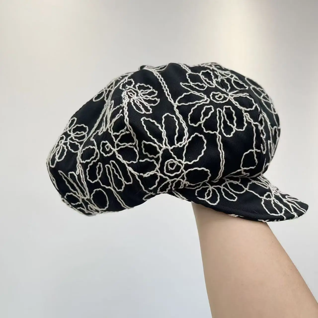 

Summer Beret Hat for Women Breathable Embroidery Design Adjustable Octagonal Cap for Large Head Face Slimming