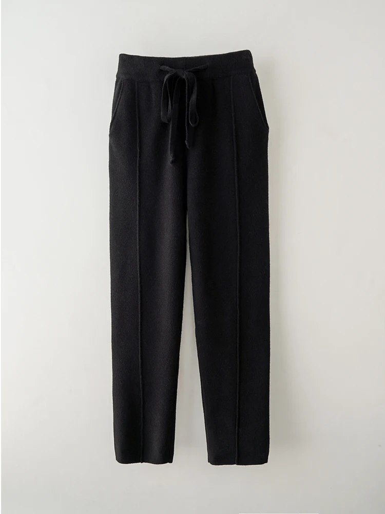 100% lana Merino donna quattro pantaloni piatti a matita con cuciture medie autunno inverno pantaloni in maglia di Cashmere stile semplice pantaloni morbidi e caldi