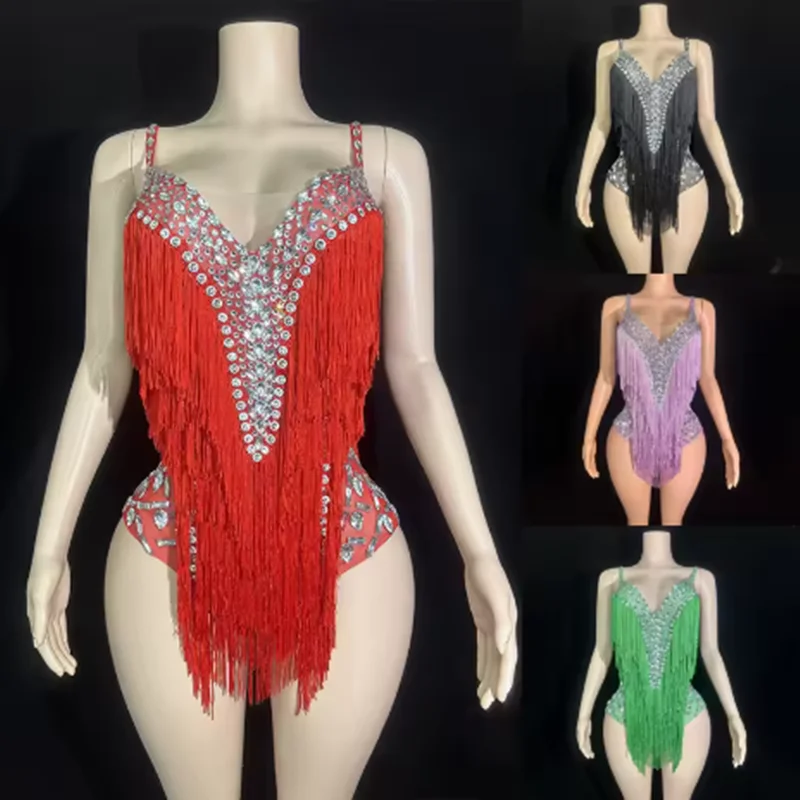 2025 Sexy Gogo danse Costume rouge frange strass body femmes discothèque Bar pôle danse vêtements Festival Rave vêtements yj025