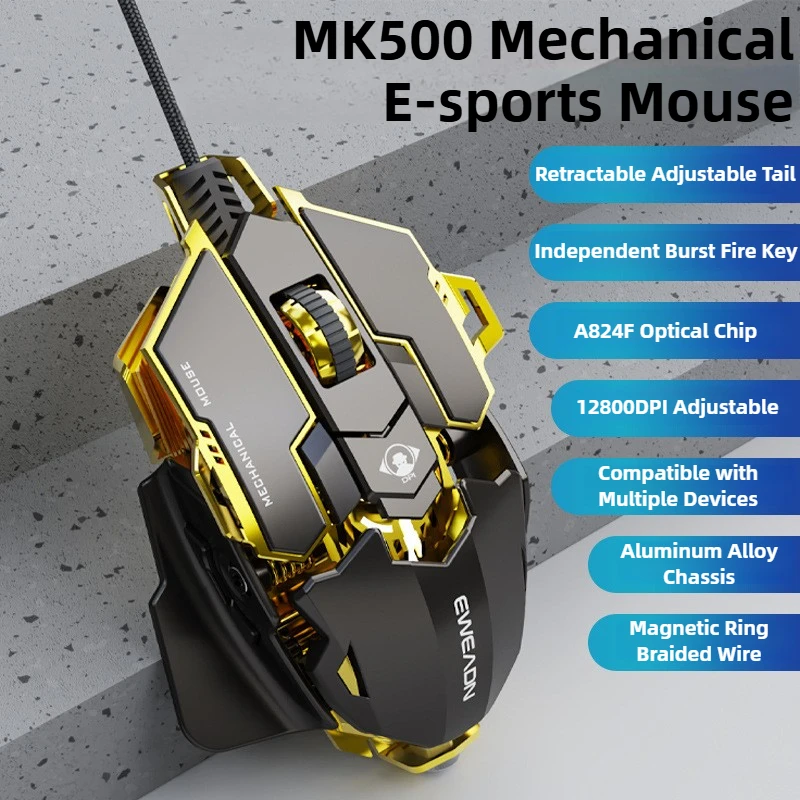 

Проводная механическая мышь MK500 RGB с подсветкой, 12800 точек на дюйм, регулируемая макропрограммирование, эргономичная игровая мышь для киберспорта для ПК, ноутбука