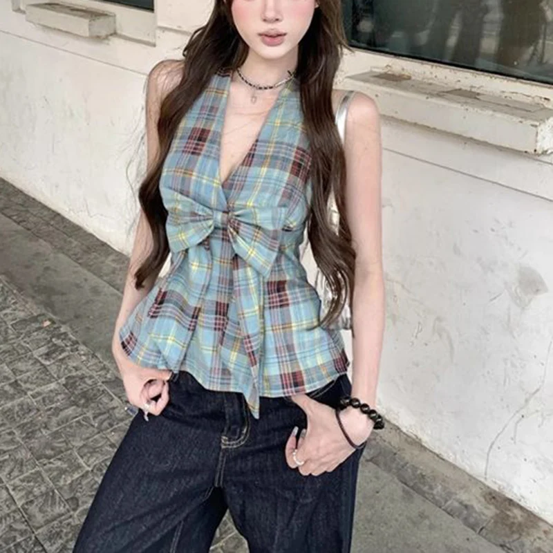 T-shirt da donna estive T-shirt da vacanza casual T-shirt da donna Fashion Designer Slip Vest Top Ragazze Abiti scozzesi patchwork sexy