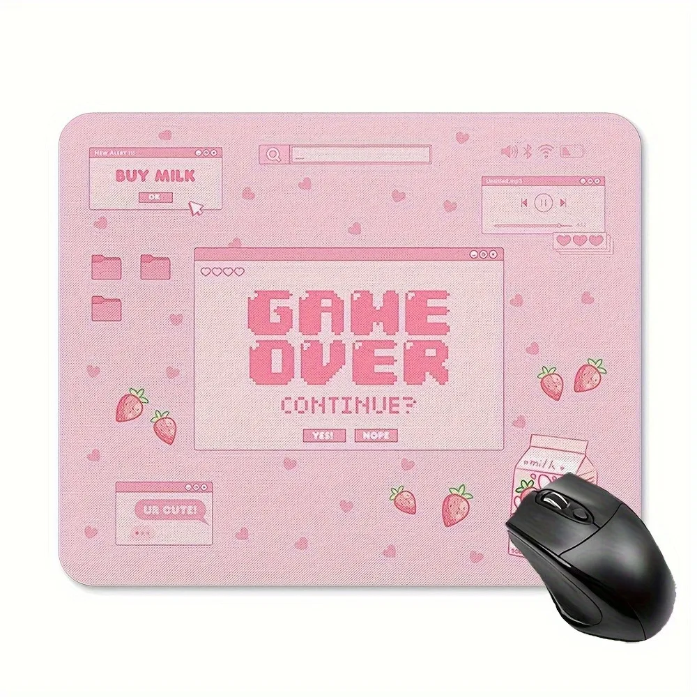 1 Stück rosa Game-Over-Design-Gummi-Mauspad, rutschfeste Unterseite, bequeme Oberfläche aus gewebtem Stoff, Schreibtischunterlage