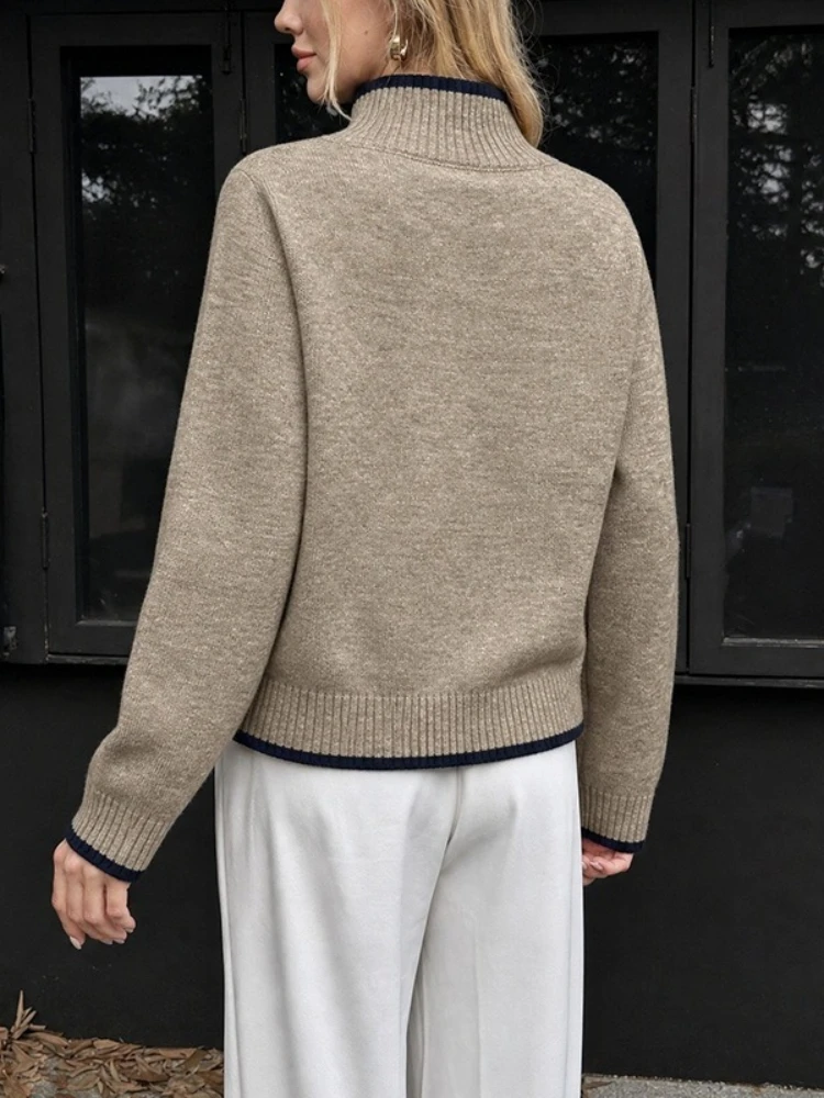 foreign trade pullover sweater contrasting color trim solid color simple knitted sweater hot semi-turtleneck sweater women