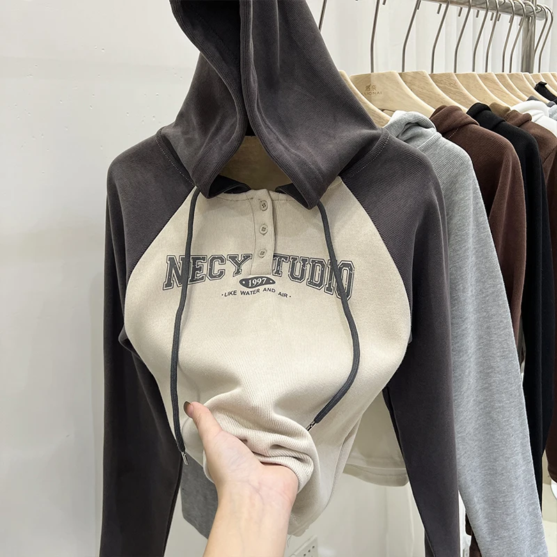 

2024 New Women'S Wear American 2000s Vintage Print Contrast Color Versatile Design Sense Leisure Fashion Loose Hooded Sweater