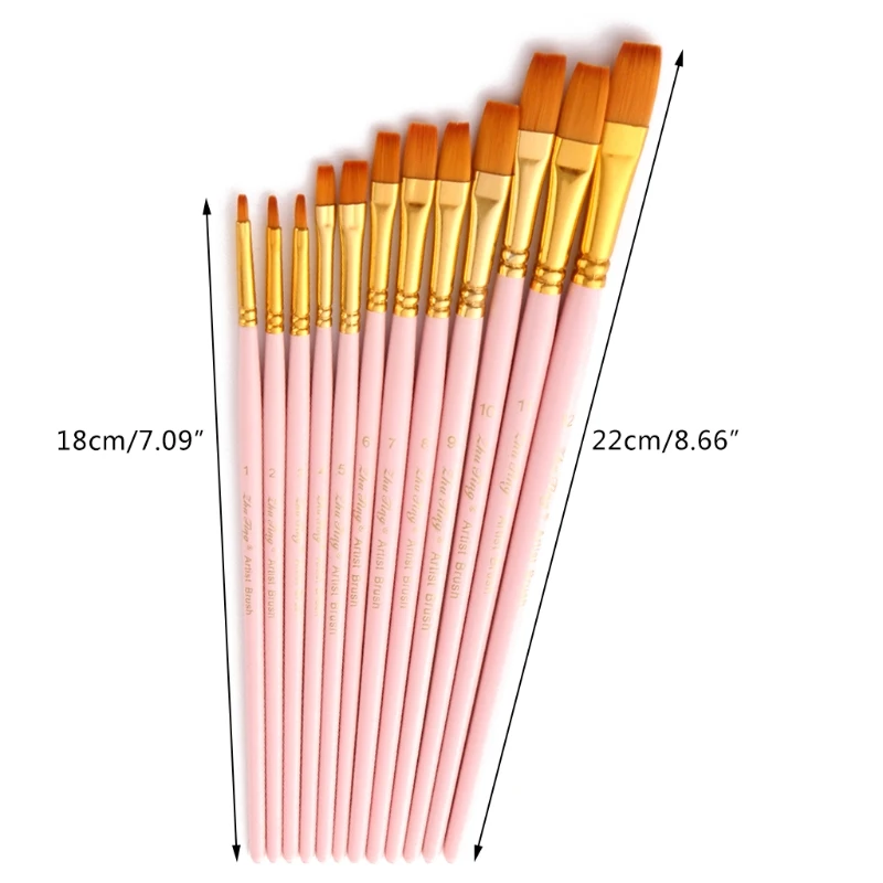 12pcs Nylon Hair Wooden Handle Flat Watercolor Paint Brush Pen Set DIY Oil Acrylic Painting Brushes