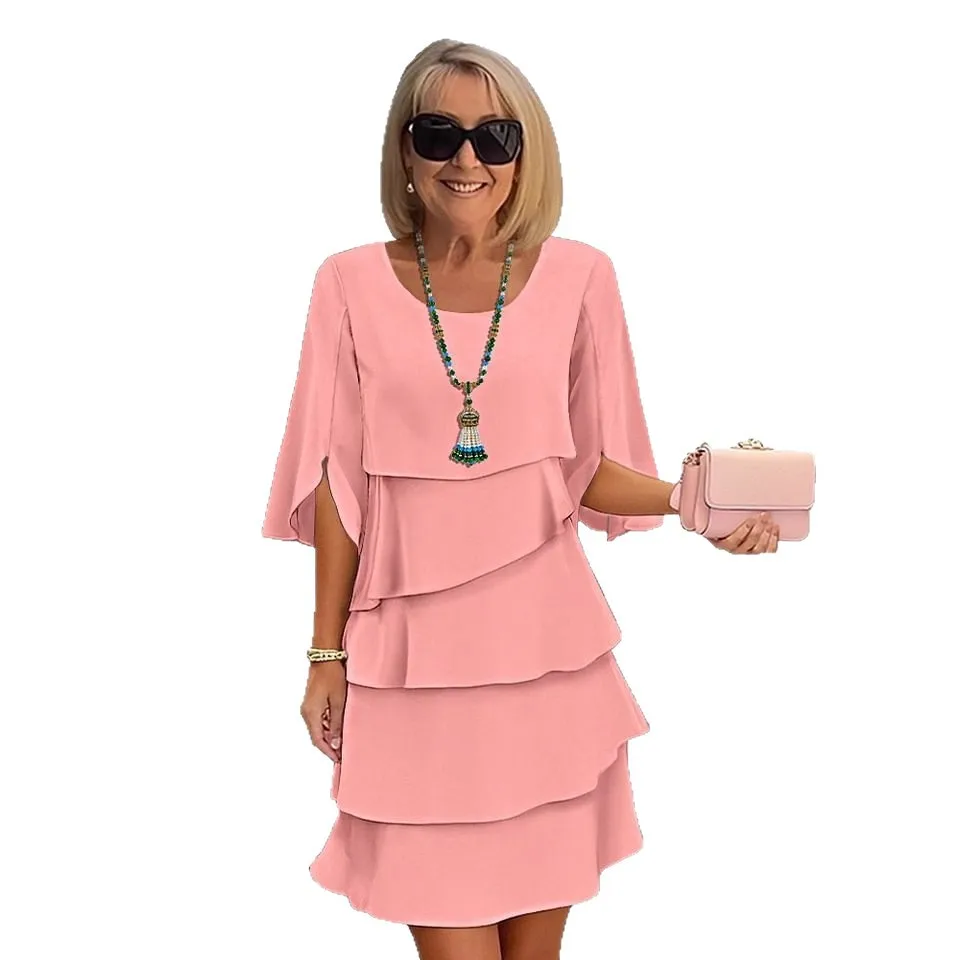 Femmes décontracté couleur unie gâteau robes été mode ample à manches courtes Mini robe bureau dames élégante robe de soirée