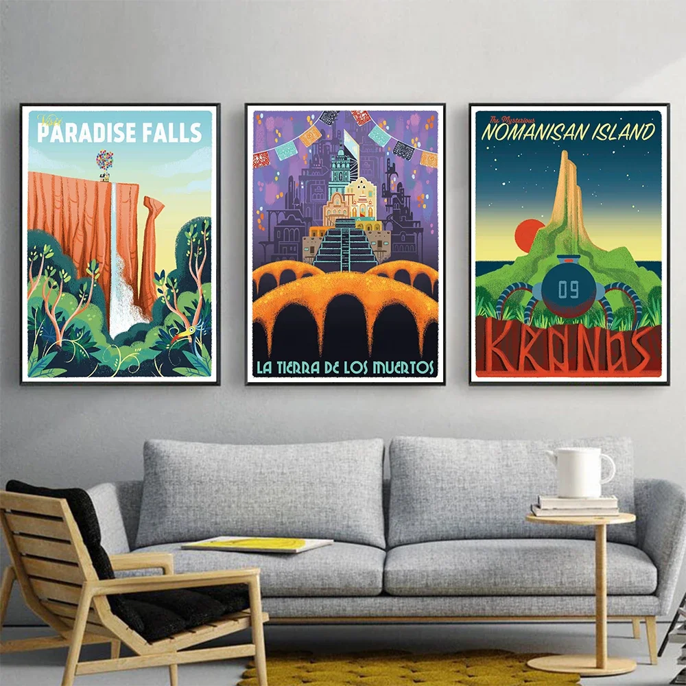 Pixar Vacation Travel Poster Print Cartoon Landscape Canvas Painting Castle Waterfall Wall Art Picture Modern Living Room Dec