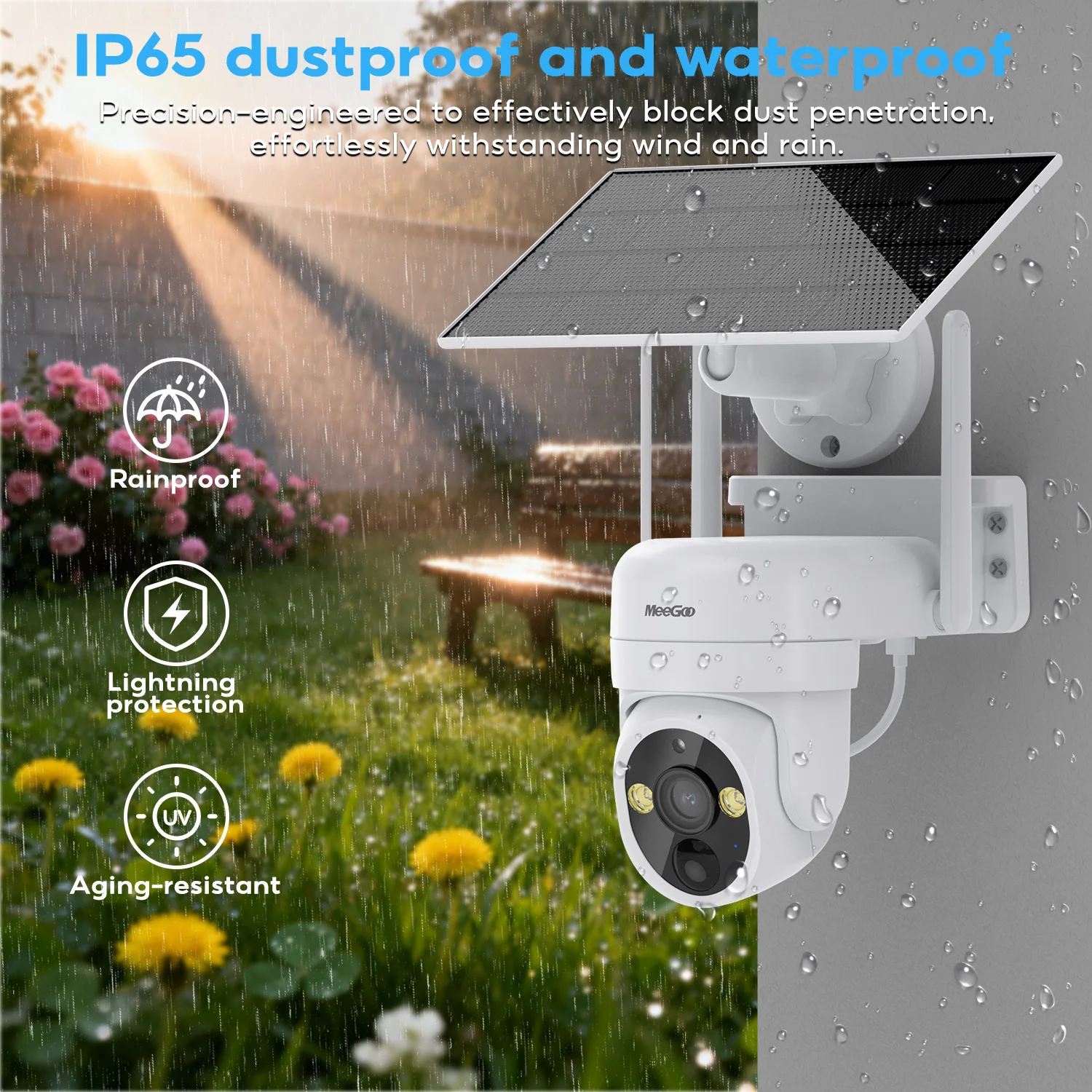 MEEGOO 4MP WiFi Outdoor Camera, 355° PTZ, 5m Night Vision, Solar Powered, 4000mAh Battery, Tuya Smart IP65 Waterproof, White