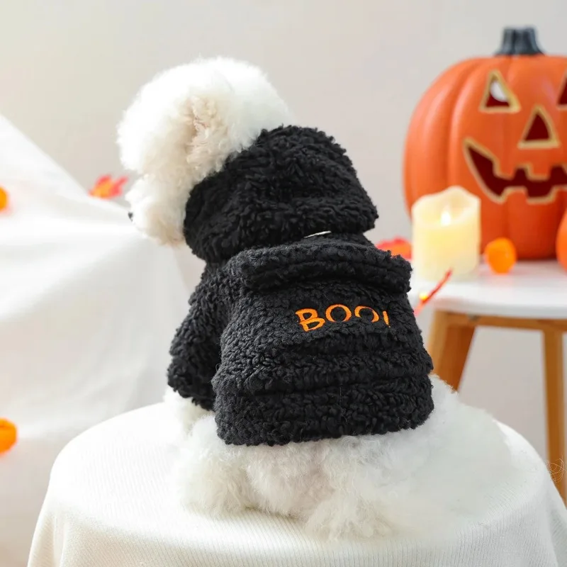 1 قطعة سترة رأس اليقطين هالوين ملابس الحيوانات الأليفة الكلب القط الصوف سميكة شتاء دافئ أسود مقنعين سترة