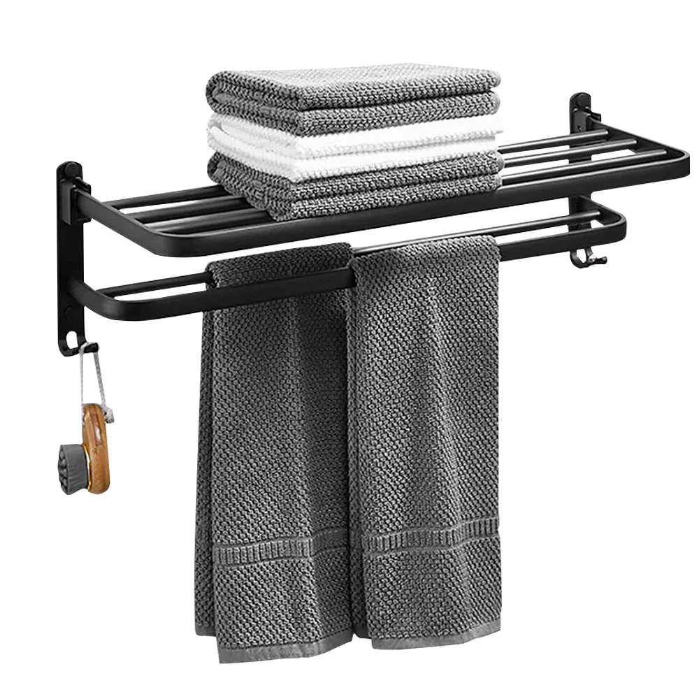 Badkamerhanddoekhouder met handdoekstang en haken, 60 cm wandgemonteerd handdoekenrek voor badkamer, zwart