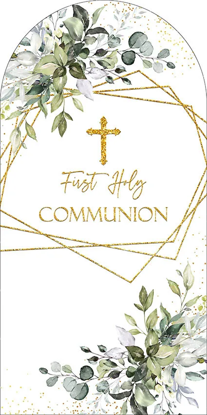 Mehofond First Holy Communion Arch Backdrop Cover Kids God Bless Baptism Cross Boho Flower Grass Decor 2-sided Chiara Background