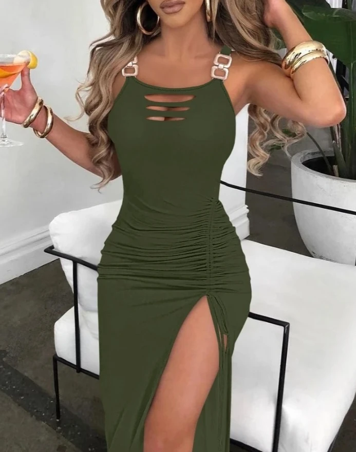 Summer Dress Women Bodycon Ladder Cutout Slit Buckled Dresses Fashion Sleeveless Short Skirt for Female Streetwear