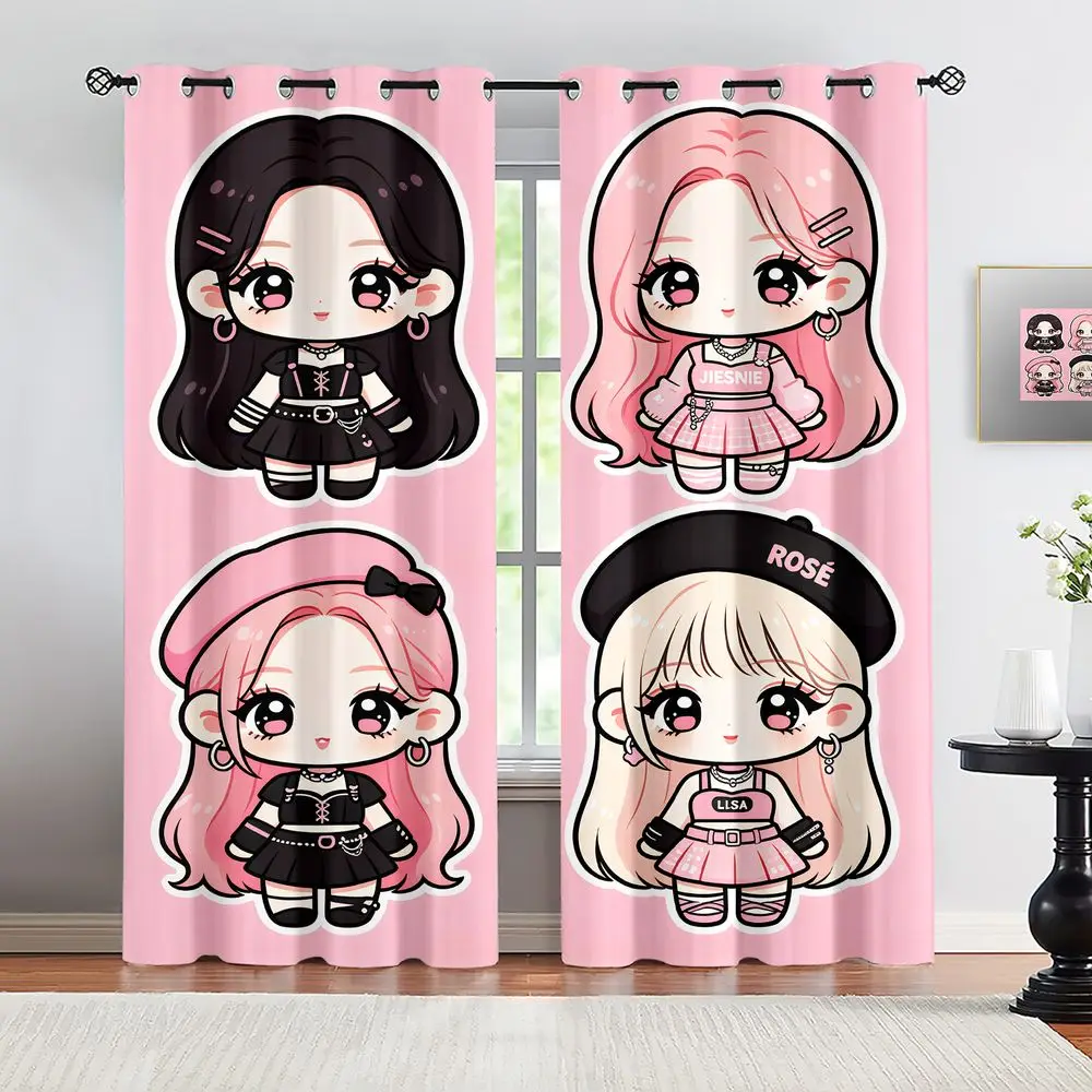 Punk Cartoon Girls Printed Curtains 2 Panels Light Blocking Rate 85% Darkening Decoration Curtains Bedroom Window Decor