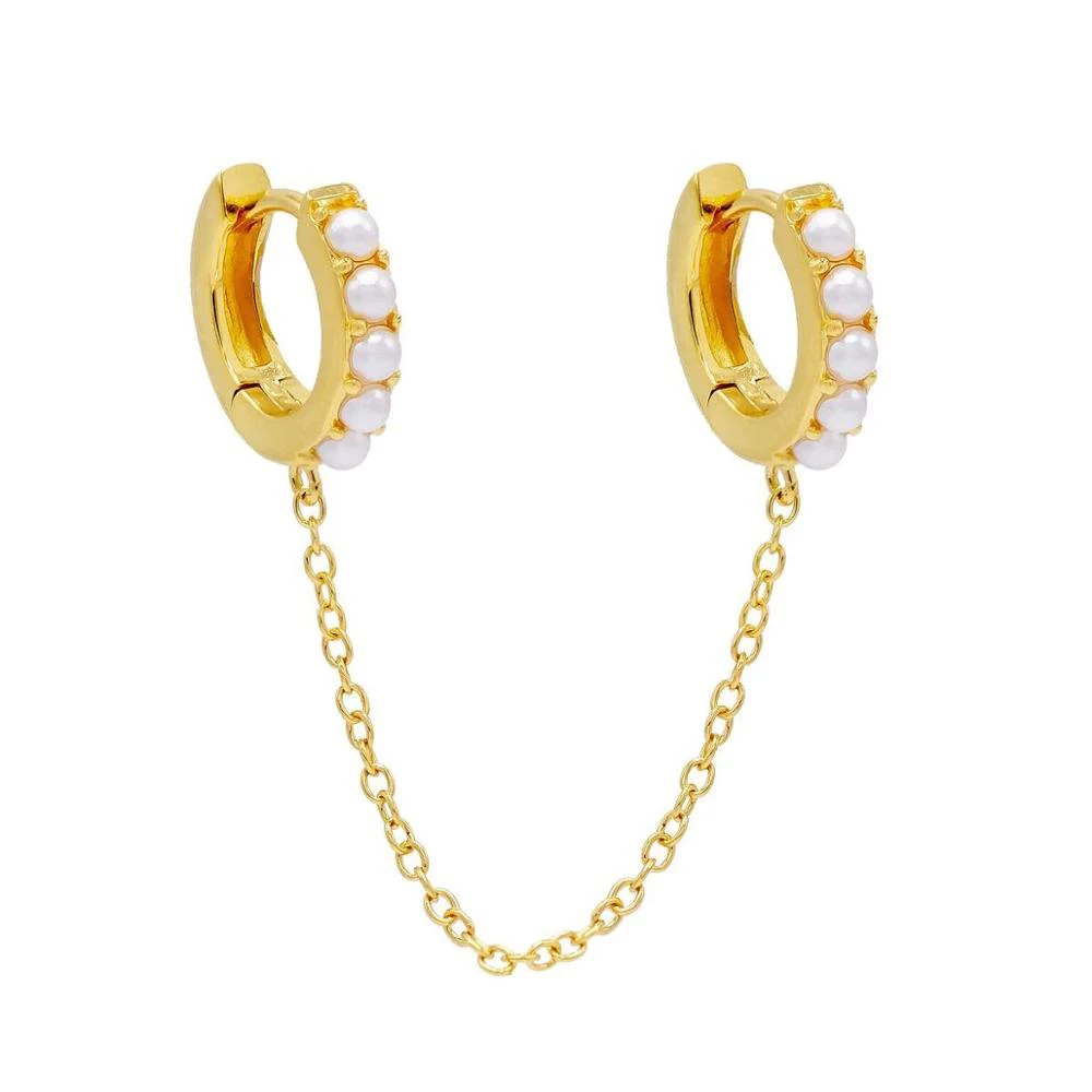 

1PSC 925 Sterling Silver Pearl Double Hoops Earring HQ Gold Plated For Women Elegant Luxury Link Chain Earring Best Single Sell