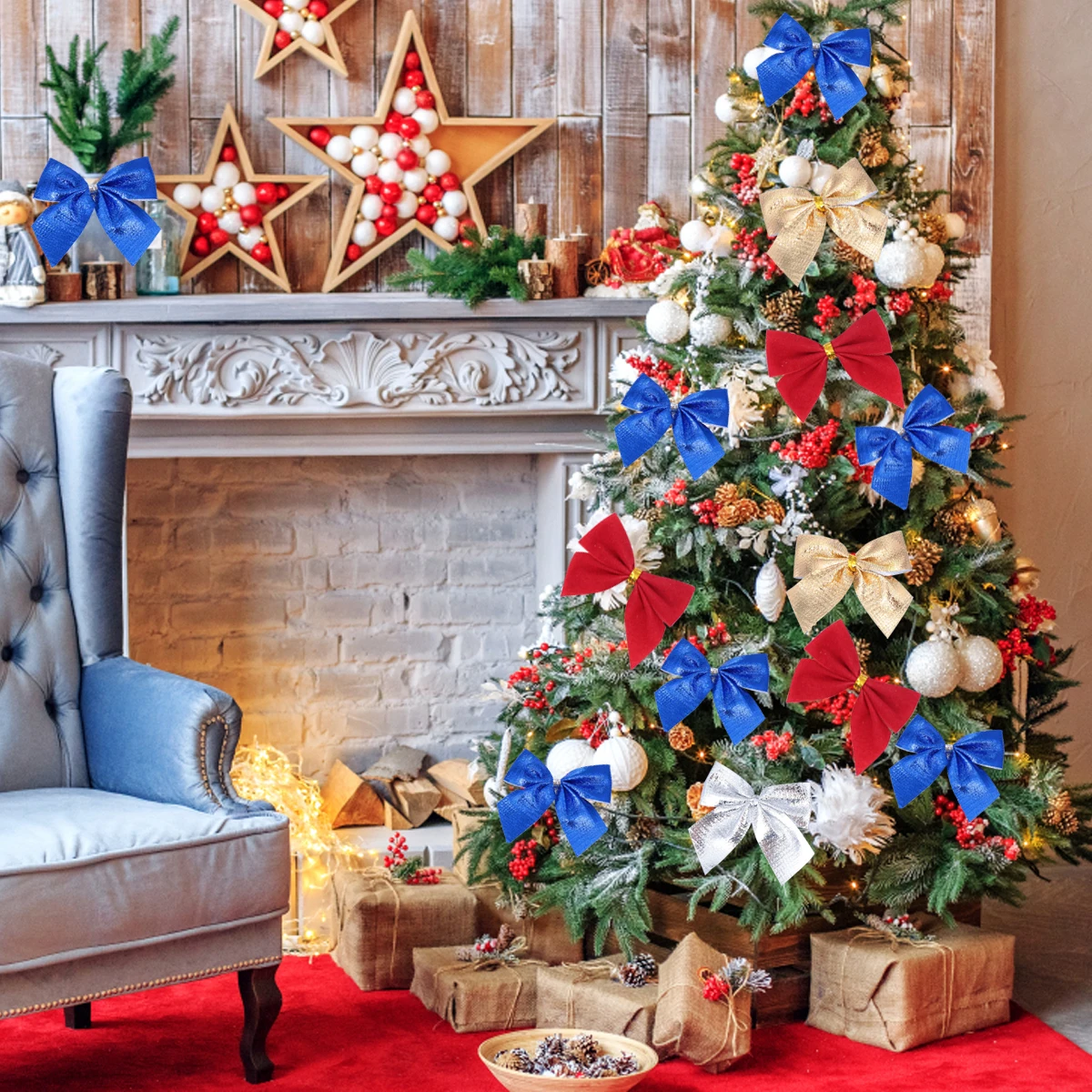 

48Pcs Christmas Bowknot Christmas Tree Decorations Premium Fabric Hanging Ornaments Xmas Party Home Decor Xmas Decorations