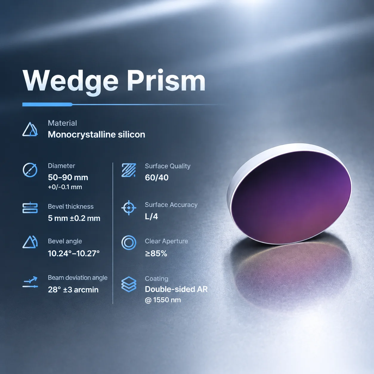 Monocrystalline Silicon Wedge Prism 50-90 mm Double Sided AR Coated 1550 nm Optical Beam Deviation Component