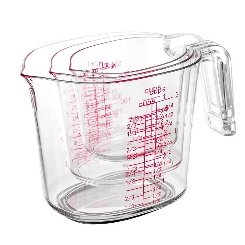 1Cup, 2Cup, 4Cup Transparent Nesting Measuring Cups Set Plastic Angled Grip Scales Liquid Measuring Cup For Kitchen Cooking