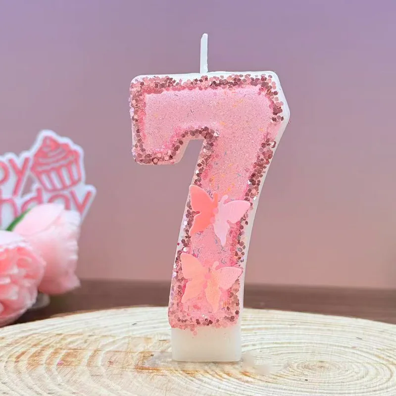 Pink edged Butterfly Sparkling Candle Girl's Birthday Digital Cake Top Cover Party Supplies