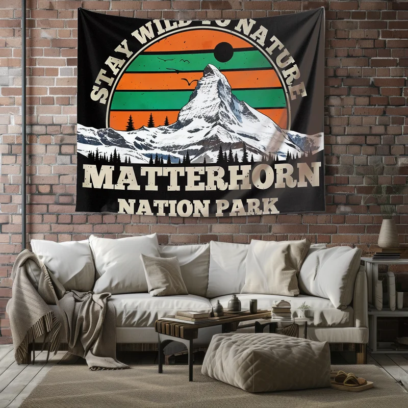 VIKAMA Wilderness Camp Wall Hanging - Retro Eagle Mountain River Campfire Compass