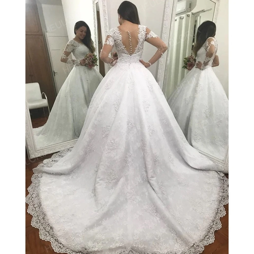 Vestido de baile de manga comprida para casamento, Applique Bridal Gown, Vestido de casamento da princesa, Plus Size