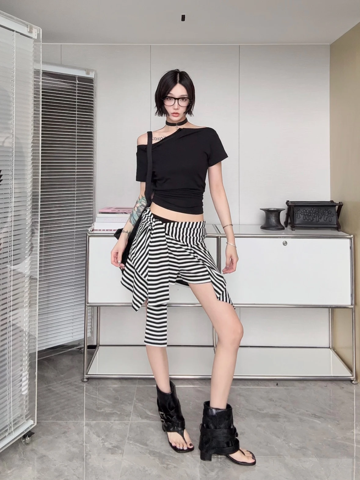 

IAMCPLUS 2025 Illusory Two-Piece High Waist A-Line Skirt with Irregular Tied Stripes Design for Busin Commute Women