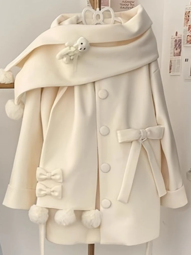 

Winter Kawaii Cute Bow Coat Women Japanese Sweet Long Sleeve Solid Loose Tops Lovely Design Warm Single Breasted Overcoat New