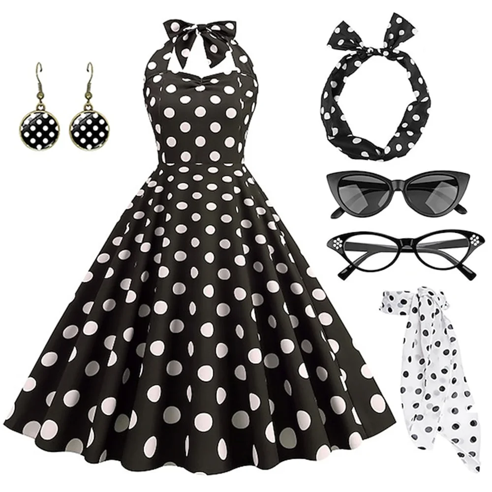 Women's Rockabilly Dress Polka Dots Swing Flare Dress with Accessories Set Earrings Headband Glasses Gloves Dress