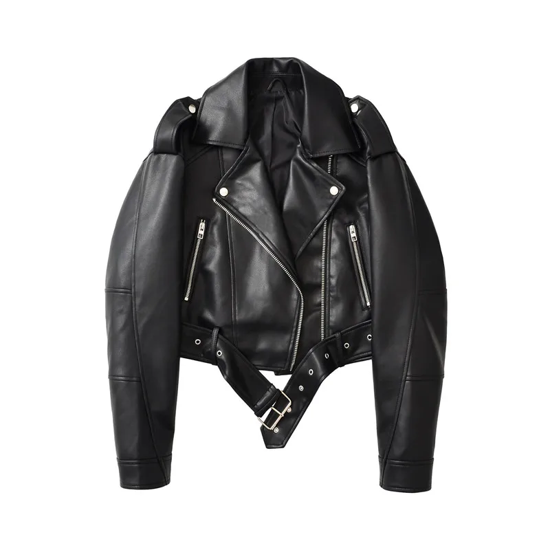 الخريف موضة التباين اللون فو بولي Leather بدلة جلدية سترة المرأة عادية محززة طوق واحدة الصدر كم طويل بليزرات معطف