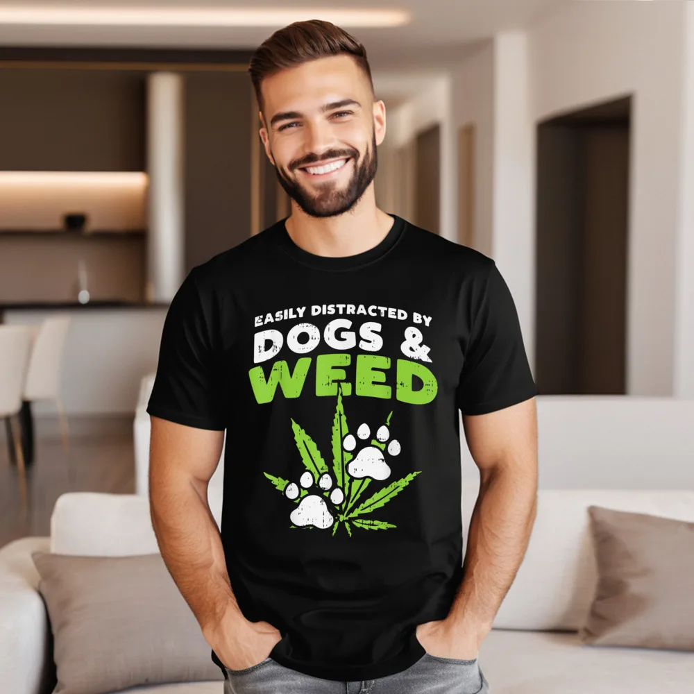 Hip Hop Mens T-Shirt Crewneck Short Sleeve 100% Cotton Easi y Distracted Dogs Weed Tops Tees Print Tee-Shirt