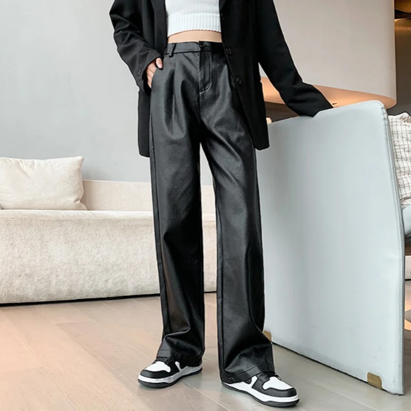 JHJN Autumn Winter Fashion Warm Long Leather Pants Elegant LeatherTrousers High Quality Women PU Leather Wed Leg Pants