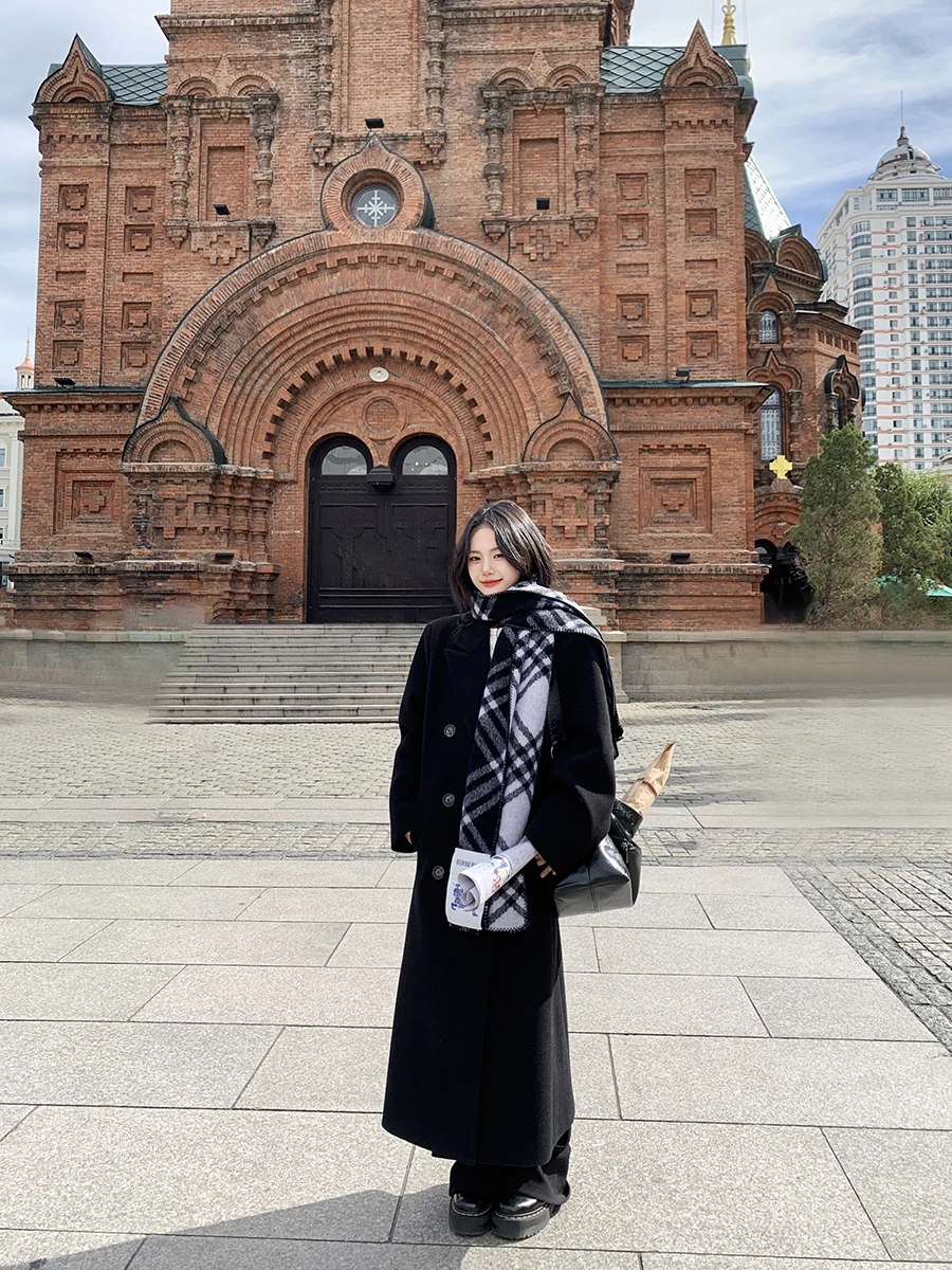 

Ele Bla шерстяное пальто для женщин средней длины, двубортное корейское пальто, осень-зима, Новое поступление, модное прямое пальто для поездок на работу