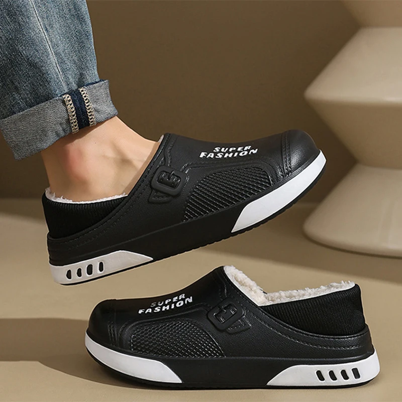 Fashion Design Waterproof Plush Slippers Men's Winter Lightweight Soft Sole Fuzzy Cotton Slippers Outdoor Non Slip Warm Shoes 45