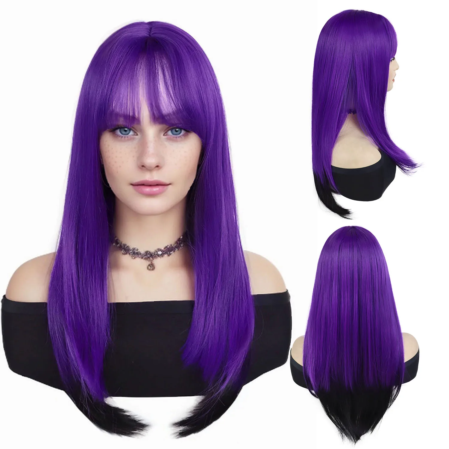 Purple Wigs for Women Synthetic Fiber Long Straight Hair Wig with Bangs Drag Queen Costume Wigs Roleplay Natural Hairstyles