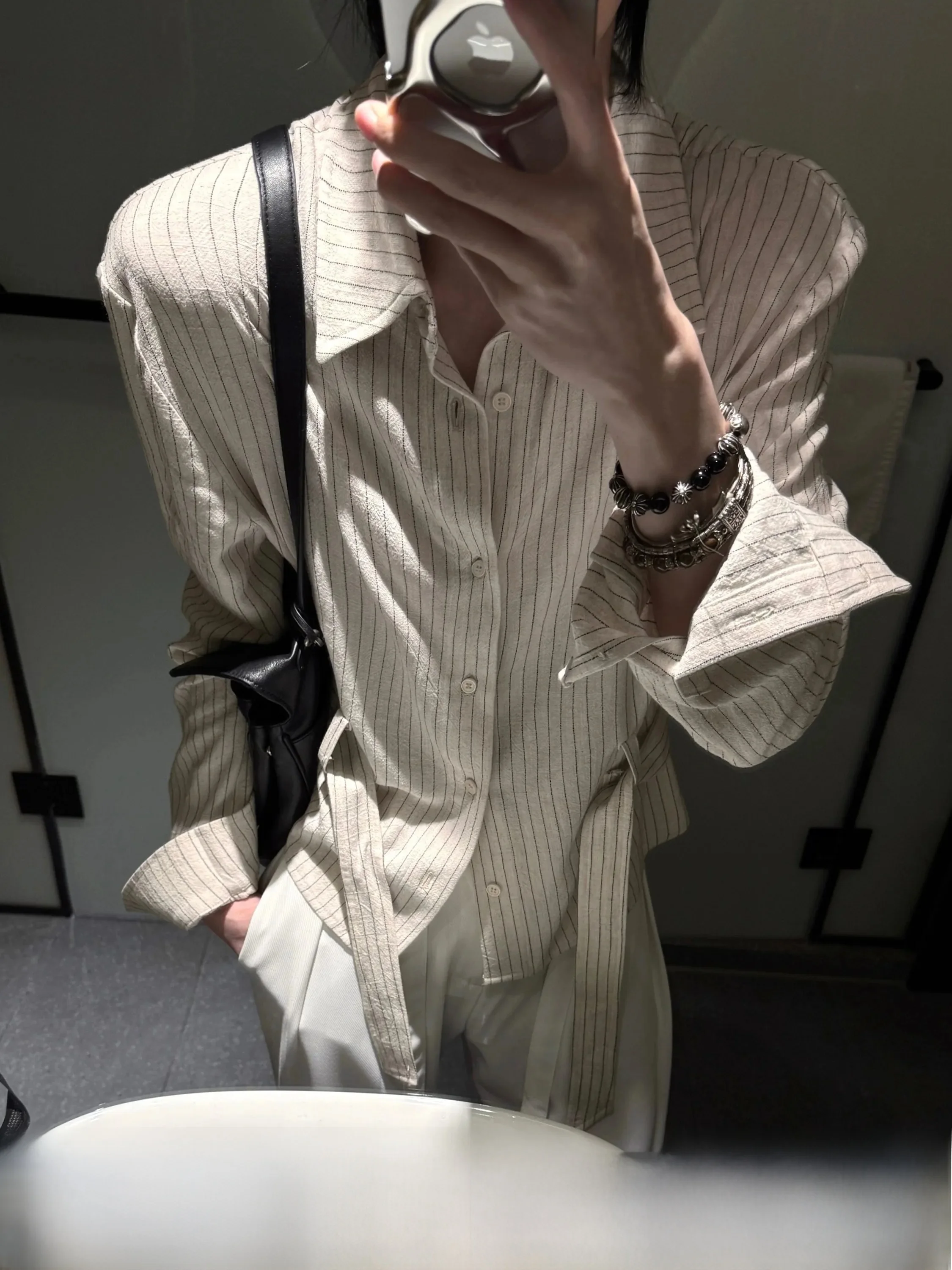 Elegant Slim Fit Linen Shirt Men's Short Top with Tie Bow Stripe Pattern Anti-Wrinkle Long Sleeve Business Casual Shirt