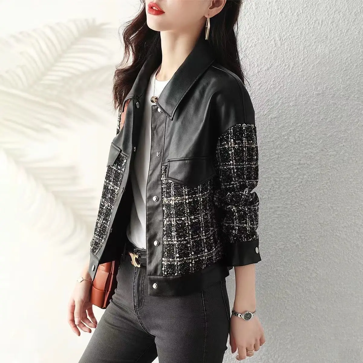 Women Motorcycle Leather Plaid Patchwork Jacket Cool Turn-down Collar False Pocket Design Autumn Winter Coats Single Breasted